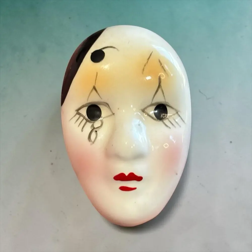 Vintage Ceramic Pierrot Clown Face Brooch Hand Painted Art Pottery Mask Pin
